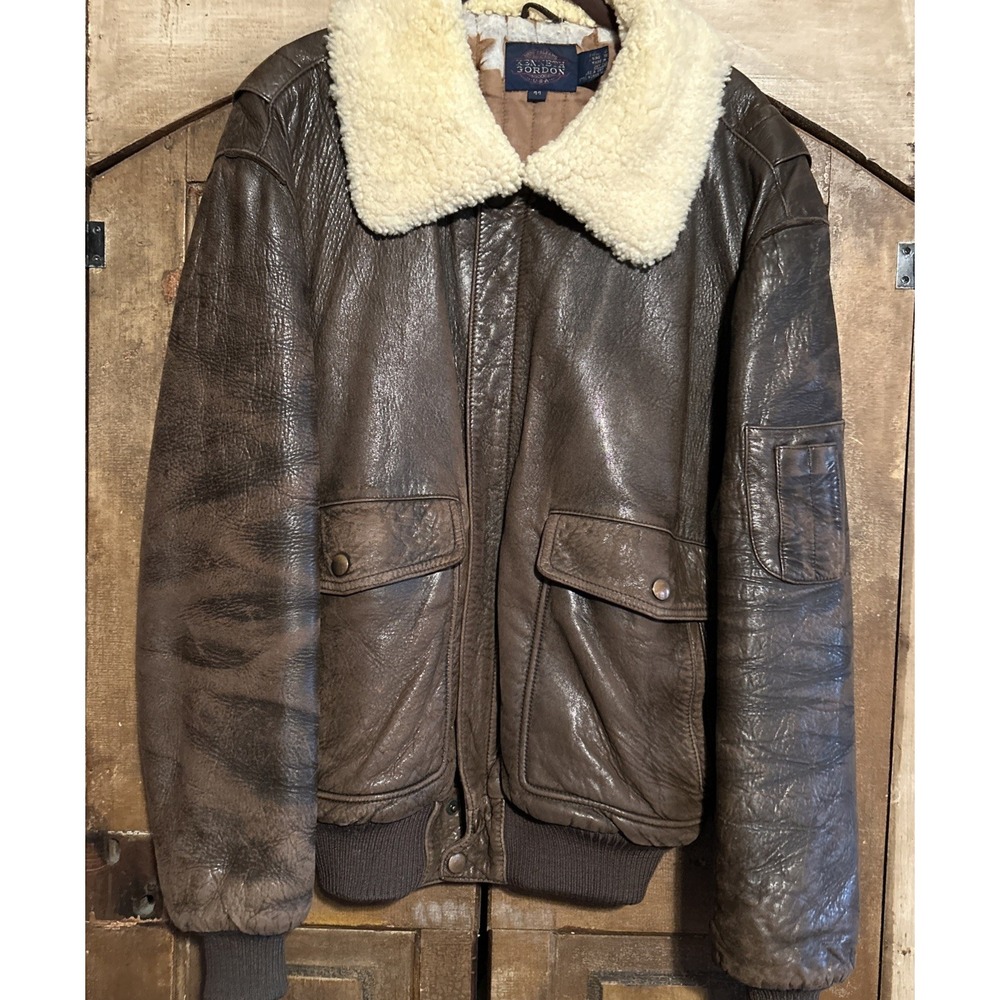 Vtg Kenneth Gordon flight pilot Bomber Leather Jacket Brown Sz 44 Sherpa Collar
